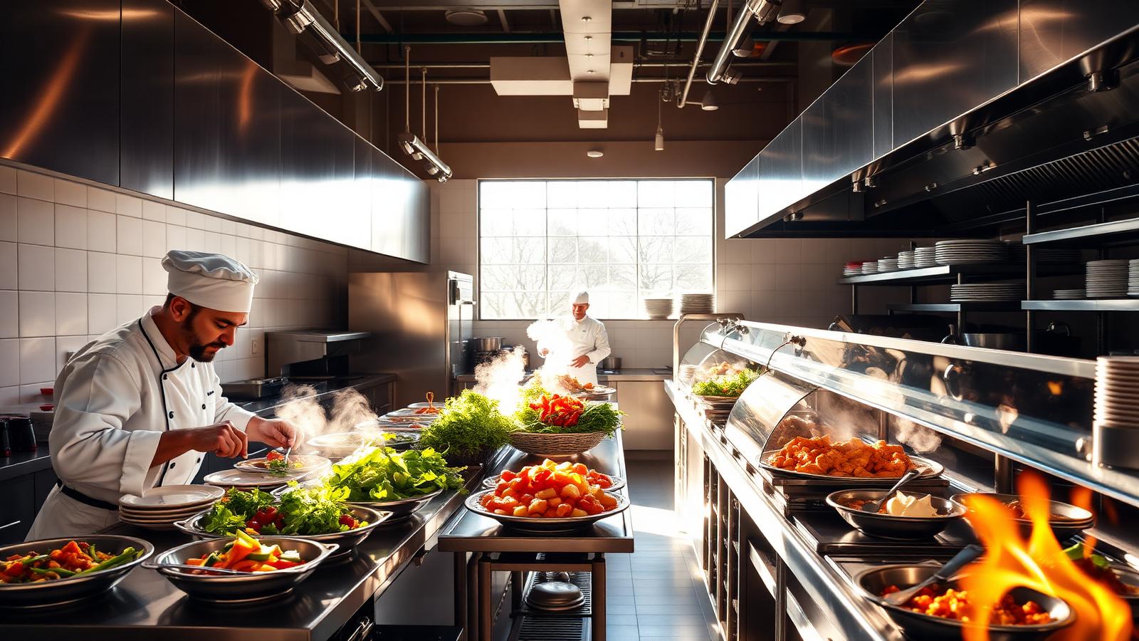 A flaming pan over a gas burner in a dark restaurant kitchen