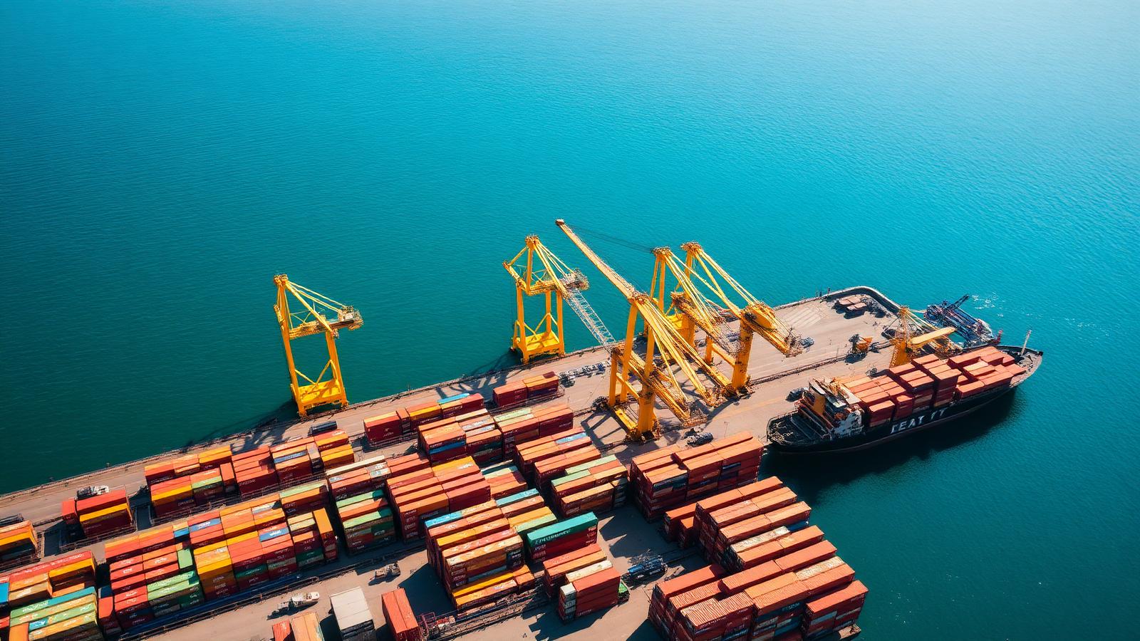 Aerial view of a shipping port at night with stacked containers